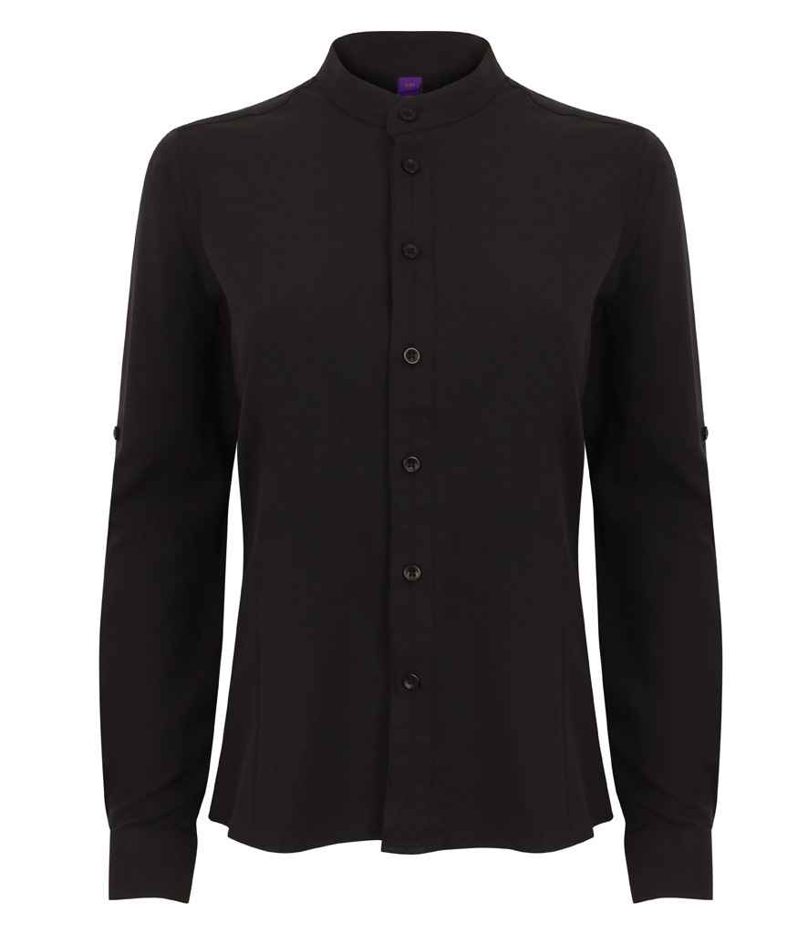 [H593 BLK XL] Henbury Ladies Mandarin Roll Sleeve Anti-Bac Wicking Shirt (XL)